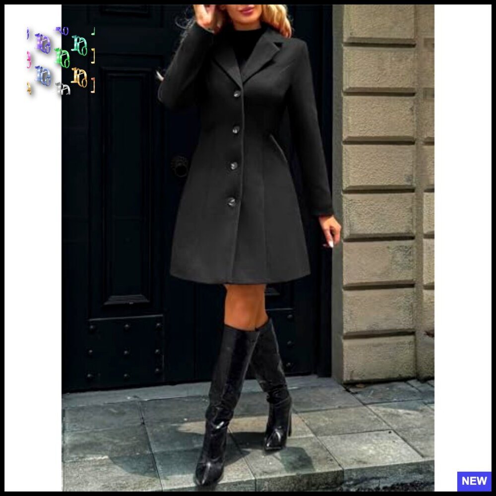 Wool Pea Coat Slim Fit Long Trench Blazer Jacket Classic Elegant Office Wear - Picture 4 of 4